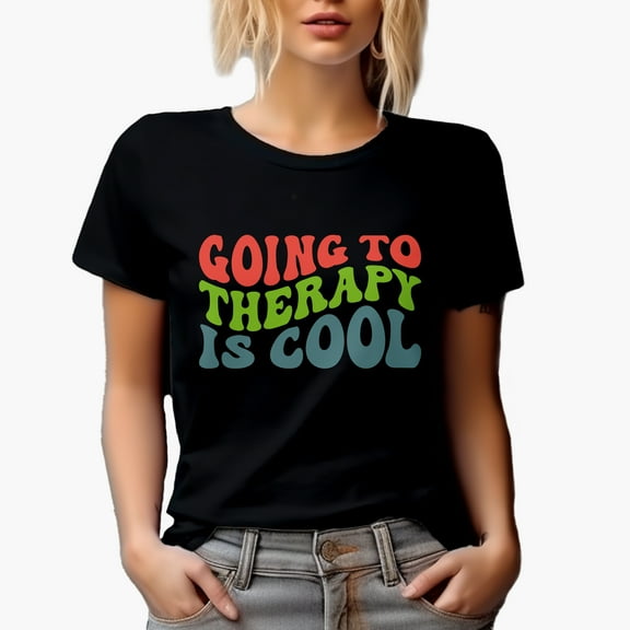 Going to Therapy Is Cool, Therapist Quote, Groovy Retro Wavy Text Merch Gift, Black T-Shirt, Small
