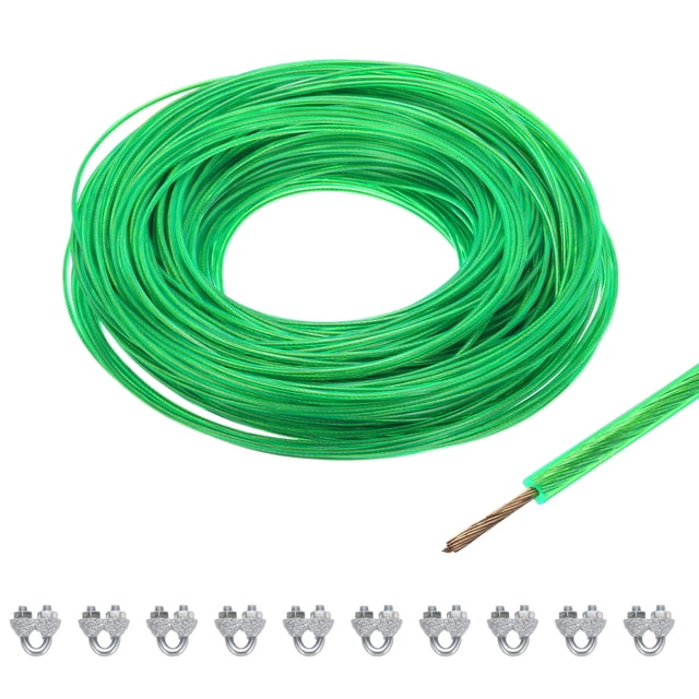 Uxcell 3/32 Green Vinyl Coated Wire Rope 328ft Galvanized Steel with 10PCS M3 Loop Sleeves