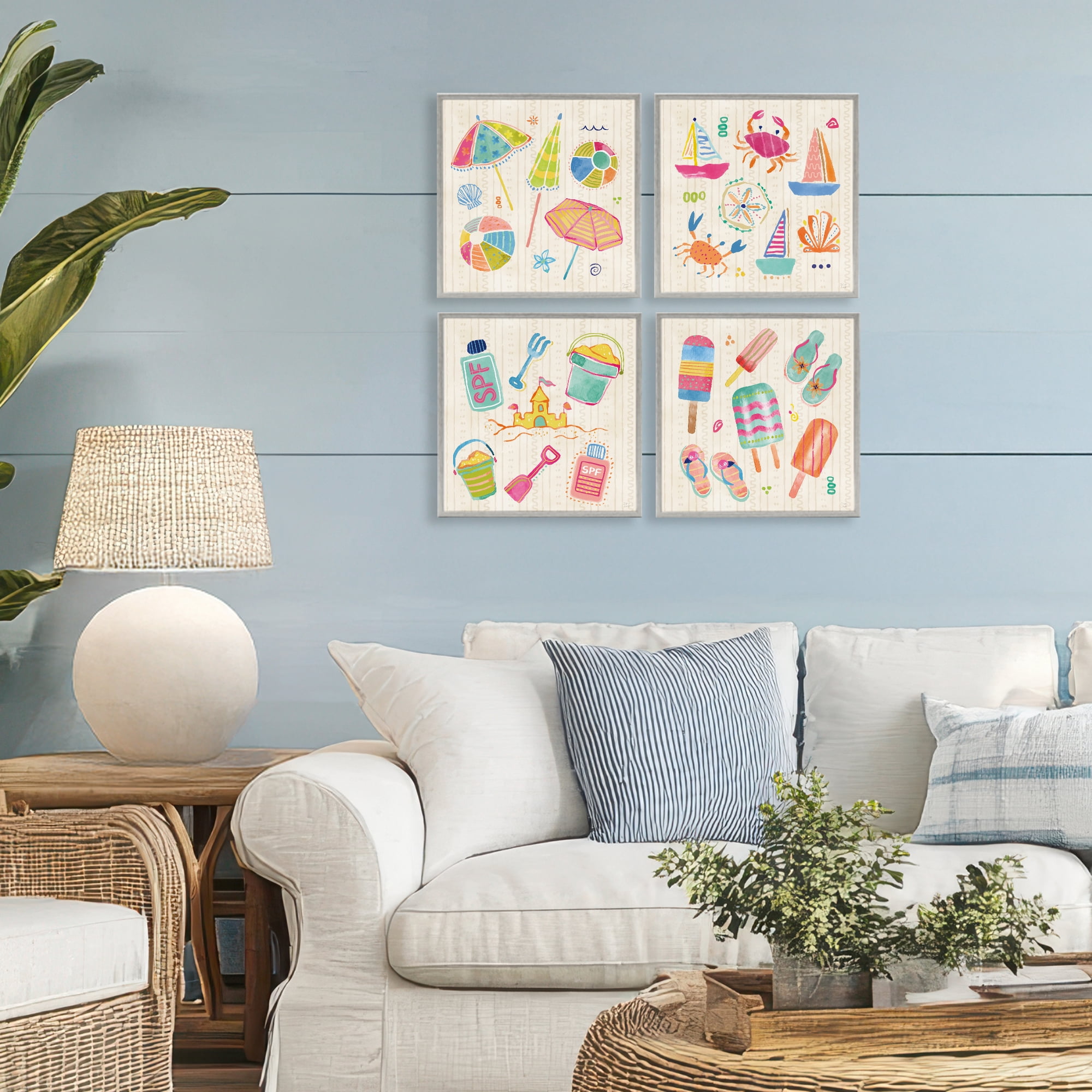 Stupell Industries Beach & Boats Collection 4 Piece Gray Framed Giclee Art Set, design by Dina June