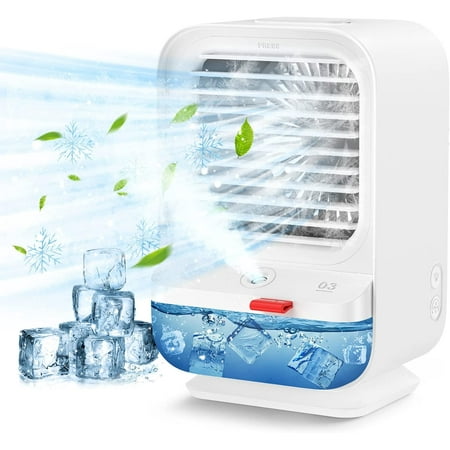 

Sholov Portable Air Conditioner Fan Mini Personal Evaporative Air Cooler 90 Shaking Head with Battery with 3 Speeds & 2 Misting & LED Light for Home Bedroom Travel & Office USB Charging White