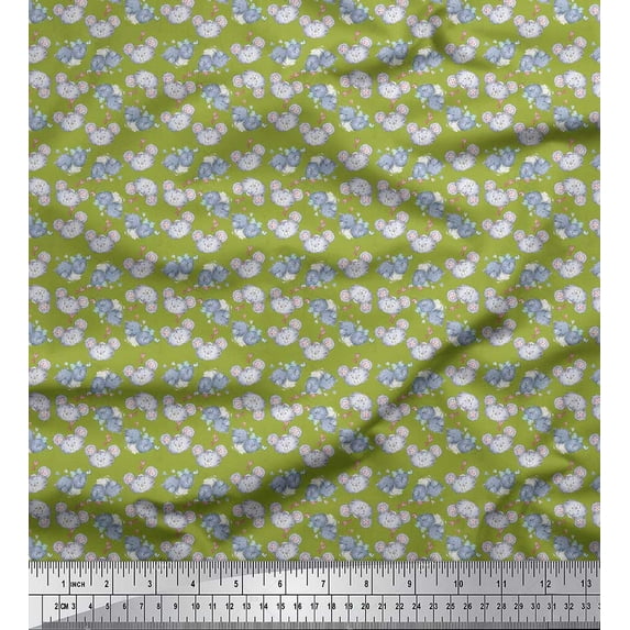 Soimoi Green polyester Crepe Fabric Heart & Teddy Bear Face Print Fabric by the Yard 42 Inch Wide