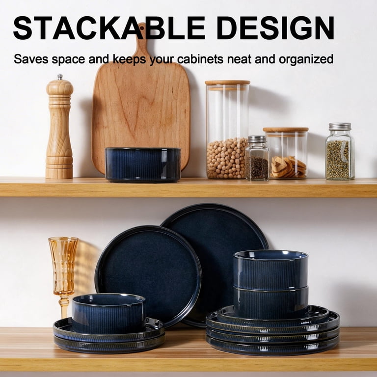 Ribbed Stoneware Dinnerware Set in Starry Blue, Service for 4 photo 5