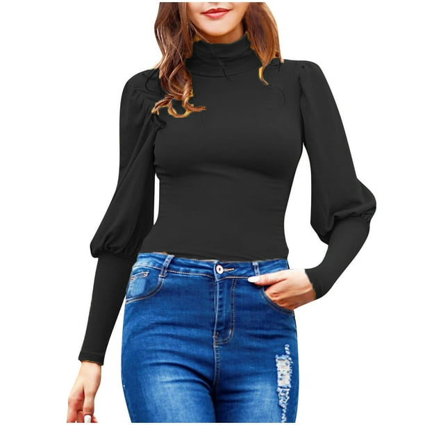 Otoño e invierno mujer Casual sólido pulóver cuello alto manga larga camiseta blusa Tops Fridja FKASFK3623