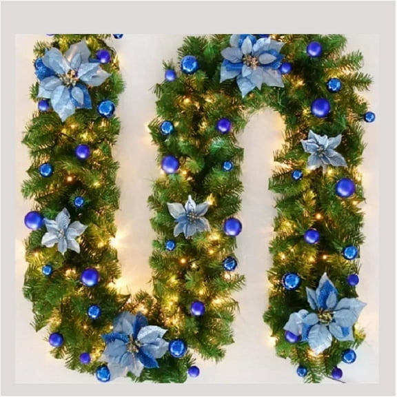 Pre-Lit Artificial Christmas Garlands with Lights, 9Ft Christmas Garland Decorations for Front Door, Fireplace Stairs Wall Xmas Decoration, Indoor Outdoor, Snow(Blue)