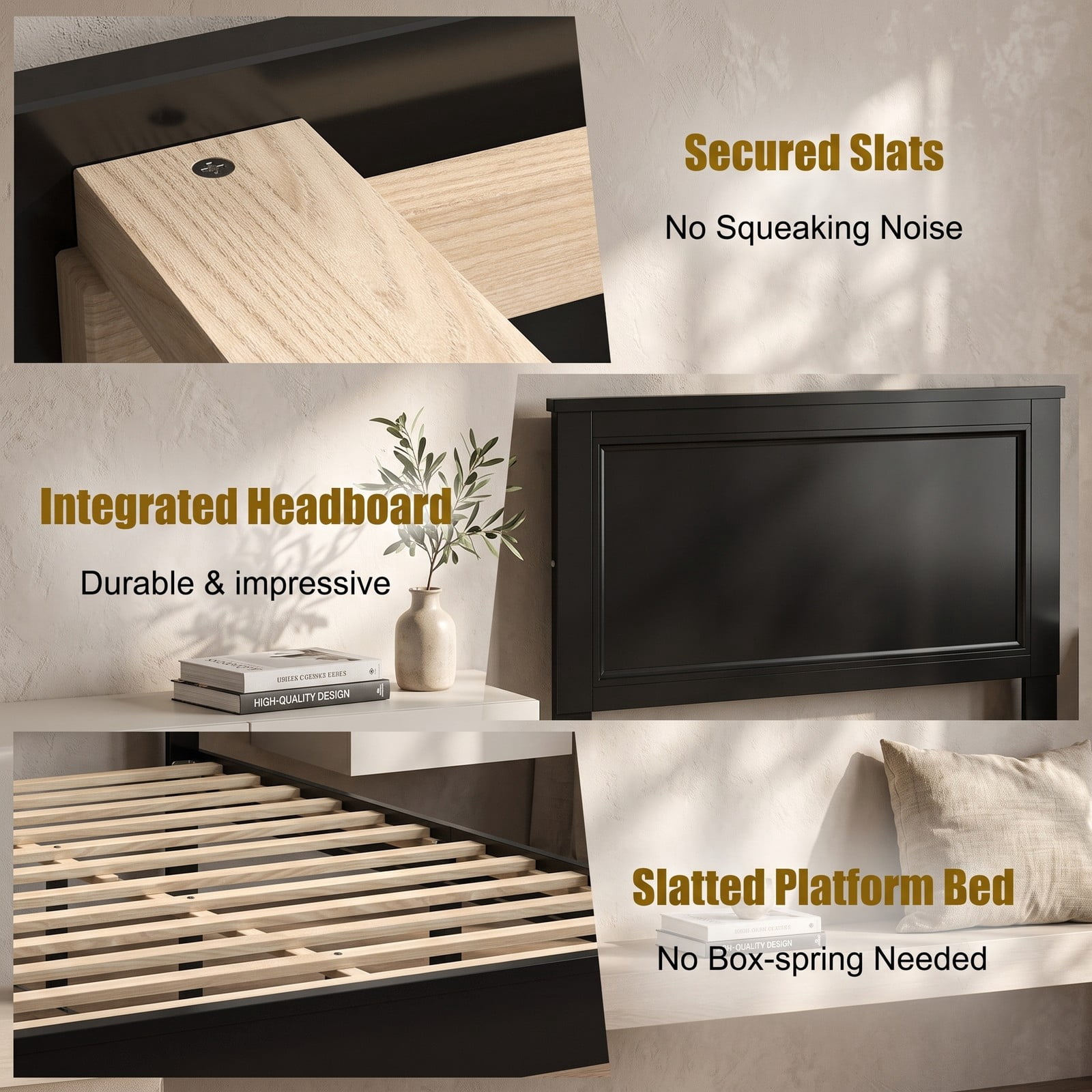 Furnibear Queen Size Bed Frame, Wood Platform Bed Frame with High Slatted Headboard and Rubber Wood Legs, Queen Bed Frame No Box Spring, Espresso