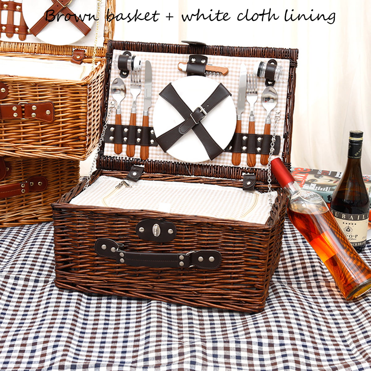 US 2 Person Insulated Picnic Basket Set Wicker Basket Camping Outdoor Willow Bag 