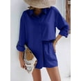 thumbnail image 5 of Cenuakty Women 2 Piece Outfits Solid Color Loose Long Sleeve Button Shirt and Casual Elastic Shorts Club Streetwear, 5 of 8