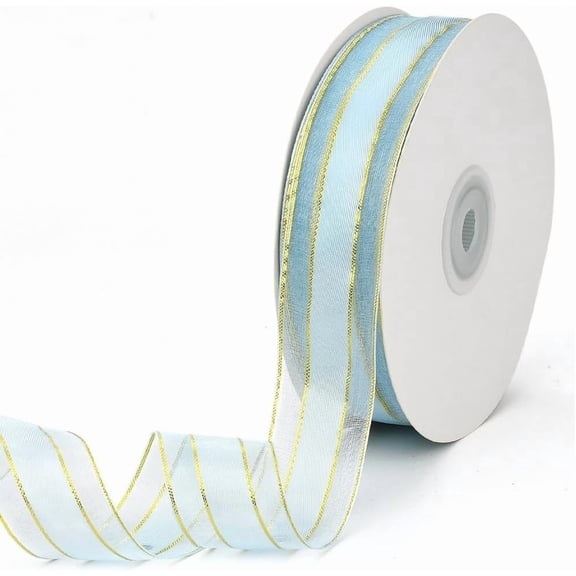50 Yards 1 Inch Blue Organza Ribbon Gold Edge Ribbon Metallic Sheer Christmas Transparent Chiffon Silk Wrapping Ribbon with Spool