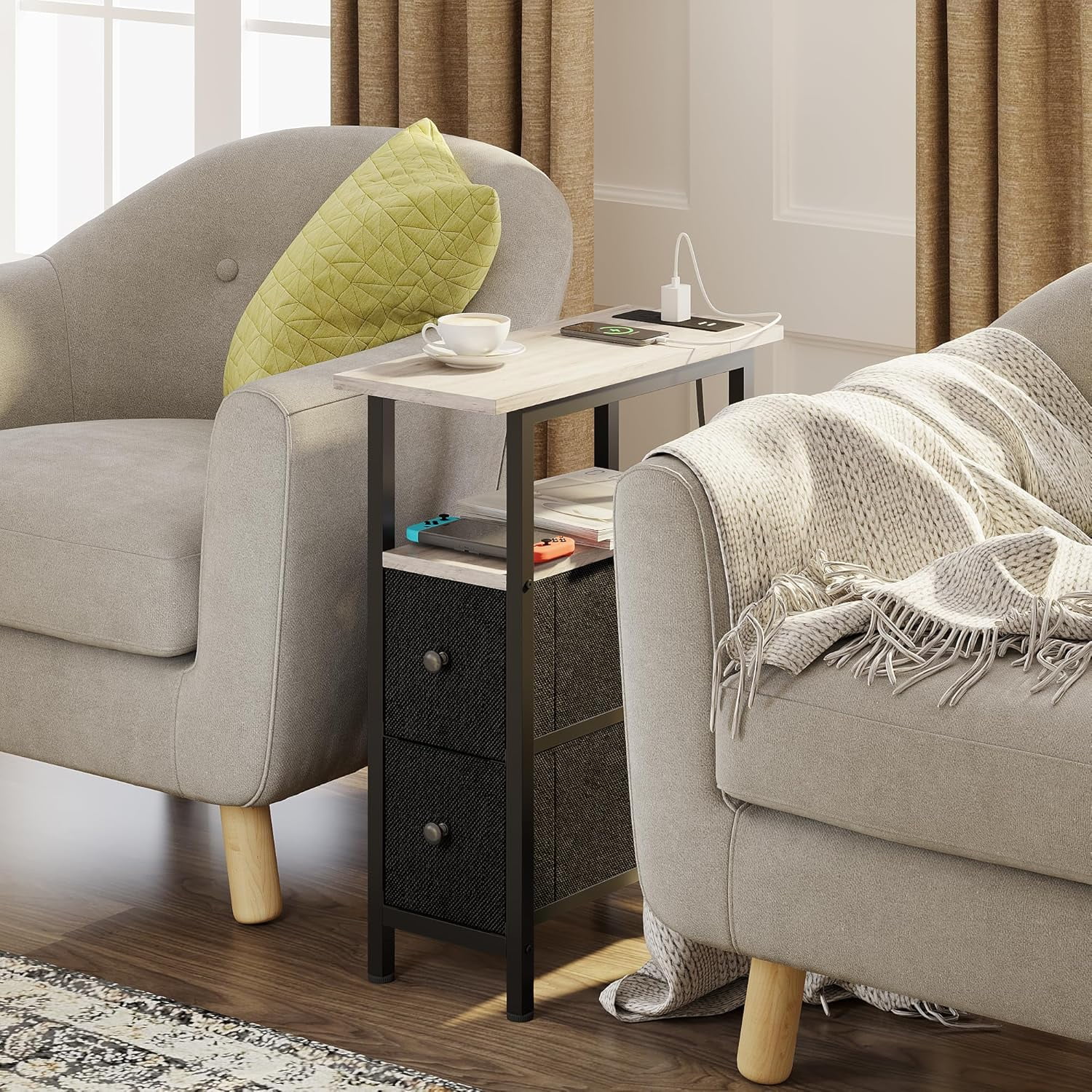 End Table Set 2 with Charging Station, Narrow Side Table with 2 Fabric Drawers, Skinny Nightstand with LED Light, Slim Bedside Table for Bedroom, Living Room, Small Spaces, Greige and Black