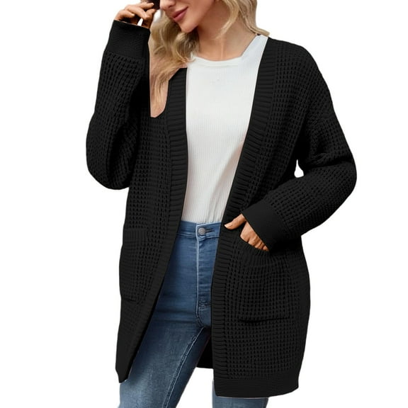 Fiaer.Wonens Long Sleeve Long Knit.Long Sleeve Tunic Cardigan for Women.Women's Casual Trendy Going out Tops with 2 Pockets Black S