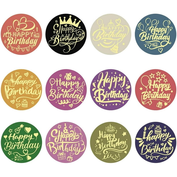 120 pegatinas de 2 pulgadas con texto "Feliz cumpleaños", de 12 estilos, en lámina dorada, para repujado, autoadhesivas, redondas.