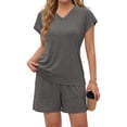 thumbnail image 3 of MOSHU Womens Pajamas Sets V Neck Tops and Drawstring Shorts Sets with Pockets Two Piece Lounge Sets Oufits, 3 of 12