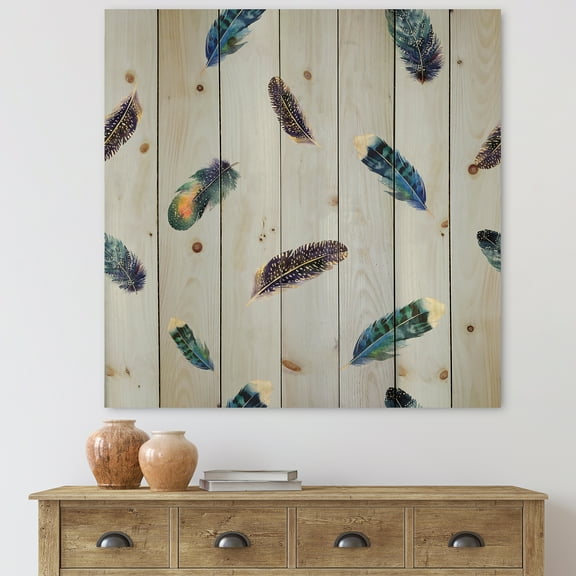 Designart 'Blue Feathers Boho Ethnic ' Bohemian & Eclectic Print on Natural Pine Wood