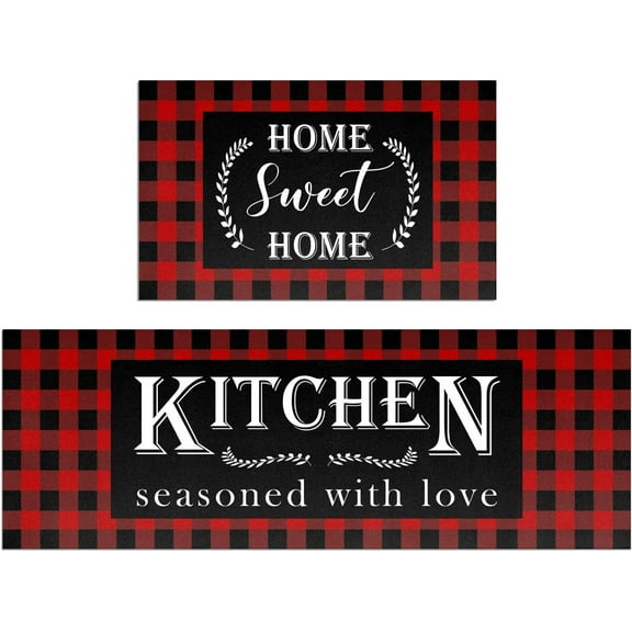 Red Buffalo Plaid Kitchen Mat Set of 2 Non Slip Thick Kitchen Rugs and Mats for Floor Comfort Standing Mats for Kitchen, Sink, Office, Laundry, 17"x47" 17"x28"