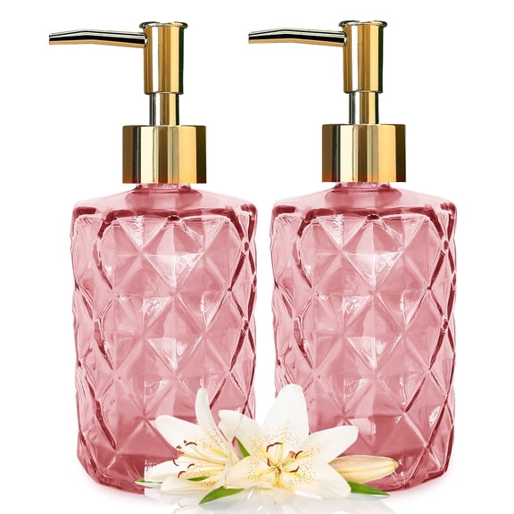 2 Pack Glass Soap Dispenser, 12 oz / 330 ml Glass Soap Dispenser with Black Plastic Pump Head, Refillable, for Bathrooms, Kitchens,Pink