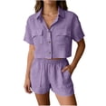 thumbnail image 2 of Bloomae Two Piece Linen Short Sets for Women Trendy Summer Short Sleeve Button Down T-Shirts Tops with Pockets and Elastic Waist Short Pants Matching Loungewear Outfits Purple L, 2 of 9