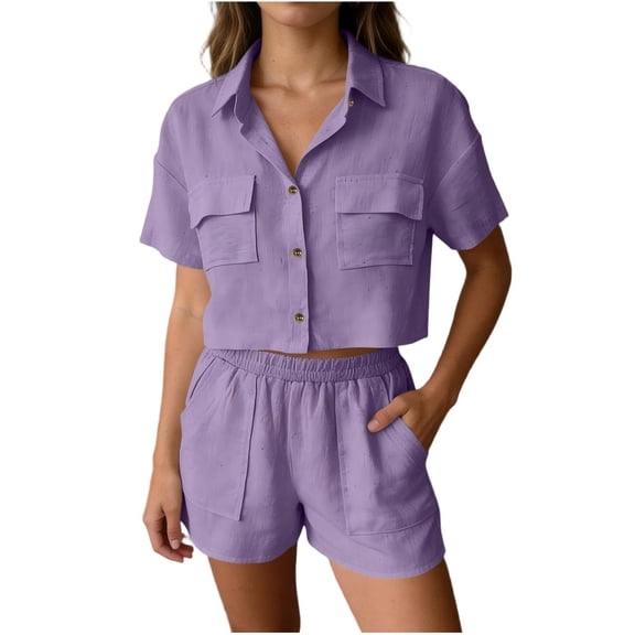 HomeGardon Sets for Women Fashion Casual Solid Color Lapel Pocket Short Sleeve Cardigan Top Elastic Waist Pocket Shorts Two Piece Set