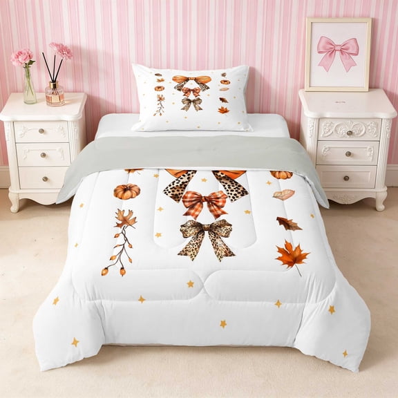 Erosebridal Pink Satin Bow Ribbon Twin Comforter Sets for Girls, Romantic Floral Print Bedding Set, Gray Reversible 2-Piece 1 Comforter and 1 Pillowcase