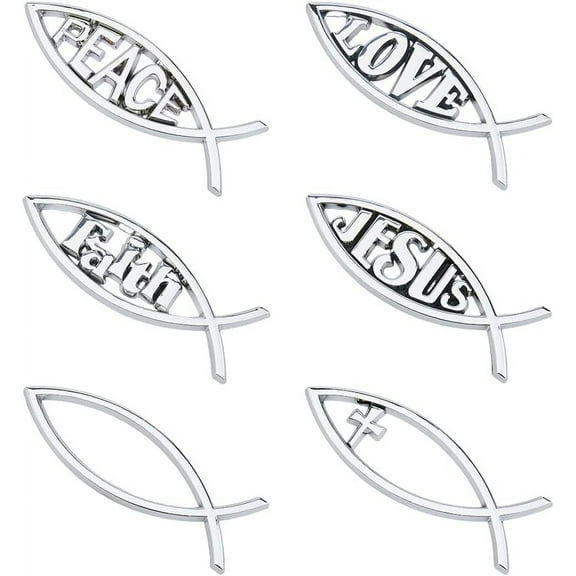 1 Box 6Pcs 6 Style Jesus Fish Car Sticker Silver Auto Emblem Plastic Cross Fish Decal Sticker Waterproof Love Peace Car Stickers Self-Adhesive Decals for Vehicle Decoration 140x46x6mm