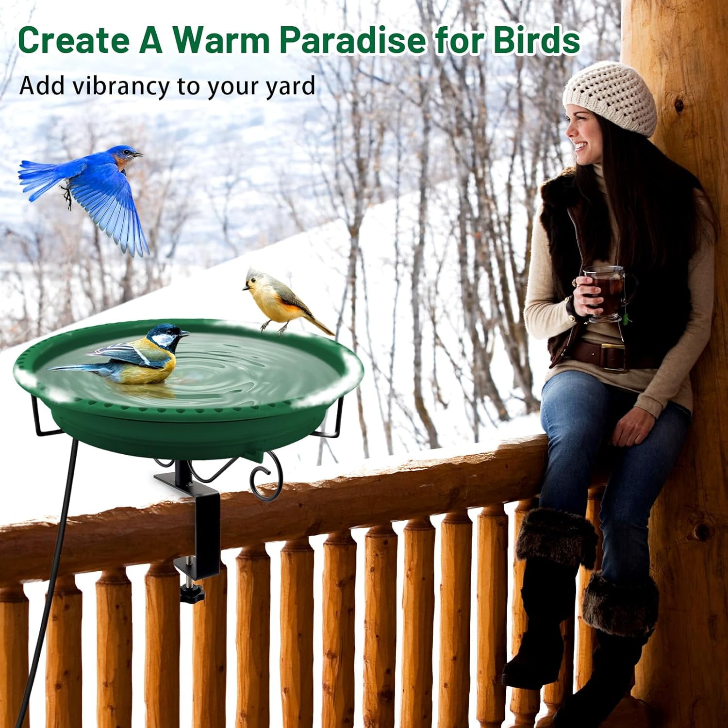 Heated Bird Bath for Deck Railing, 100W Thermostatically Controlled Heated Bird Baths for Outdoors Bird Bath Heater, Heated Birdbath for Outside Winter Garden Patio Yard(Green)