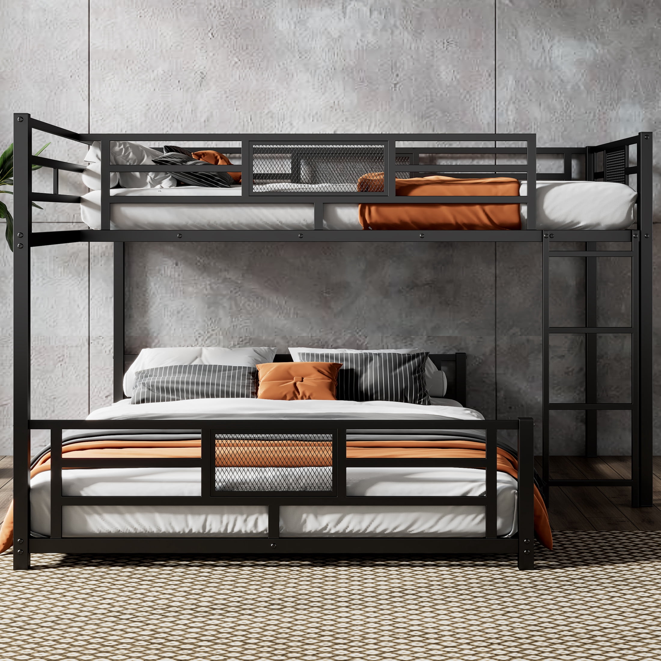 Noble House Twin over Full L-Shaped Bunk Bed, Space-Saving Metal Frame with Guardrails, Space Saving, Black