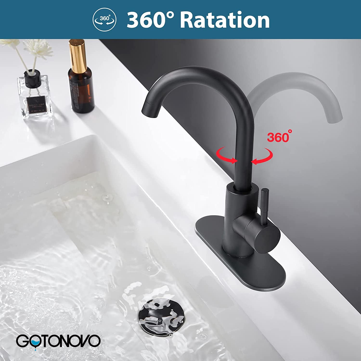 gotonovo Matte Black Single Handle Bathroom Sink Faucet, Wet Bar Pre-Kitchen Farmhouse RV Small Vanity Faucet with 360°Rotation Spout with Deck Plate, Supply Hoses and Drain Stopper