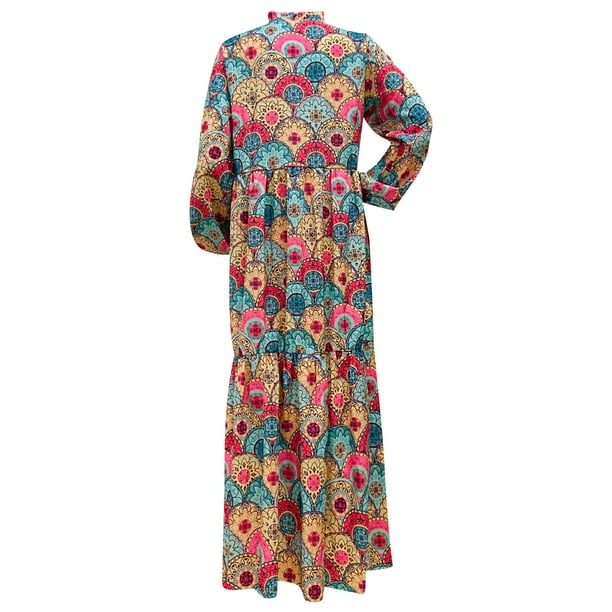 Homely Boho Dresses Ladies Casual Printed Long Sleeve V Neck Mid