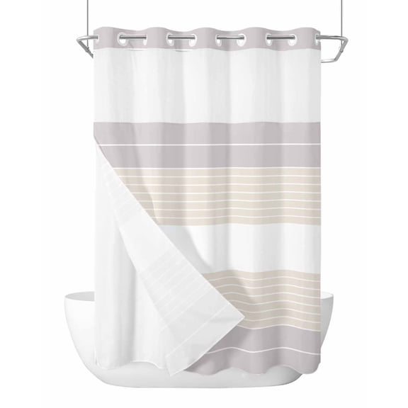 No Hook Cloth Fabric Shower Curtain with Snap in Liner, Gray Beige Stripe Waterproof Shower Curtains Set with See Through Top Window, Modern Art Horizontal Striped Bath Curtains Shower 60"x72"