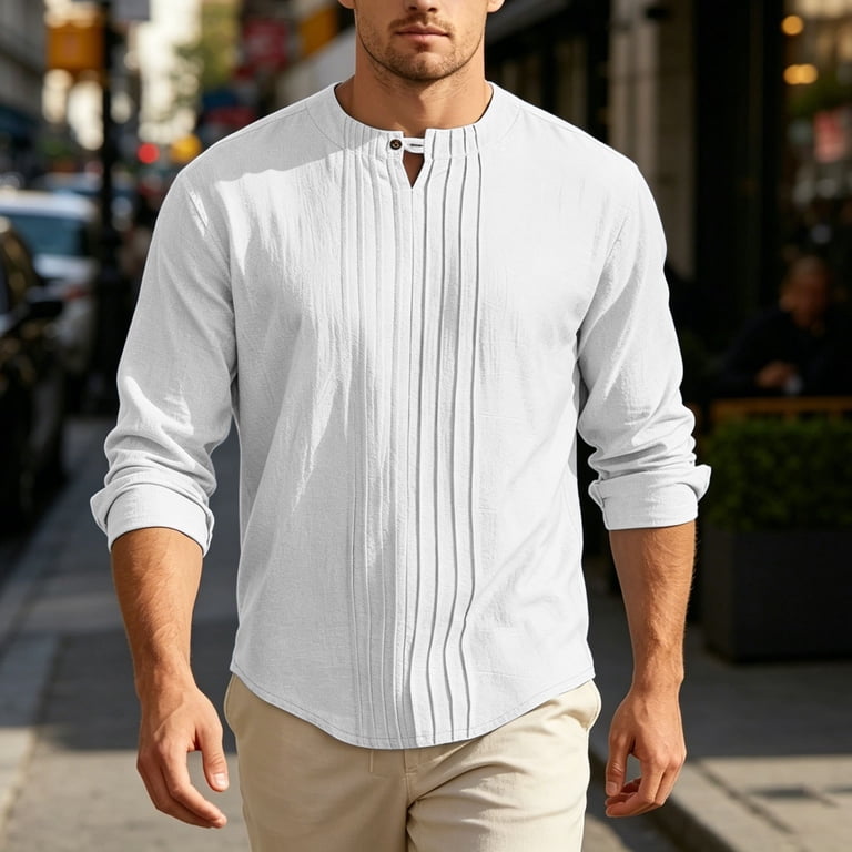 Mens Linen Long Sleeve Shirt Pintuck Pleated Front Band Collar