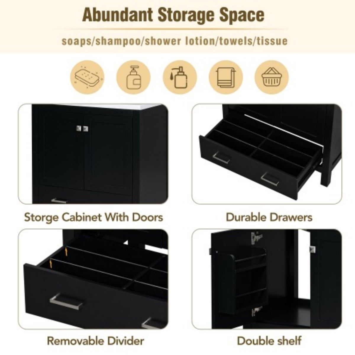 30" Bathroom Vanity with Sink, Modern Bathroom Cabinet with Ceramic Undermount Sink, Solid Wood Frame Storage Cabinet with Soft Close Doors, Drawer Organizer, Black