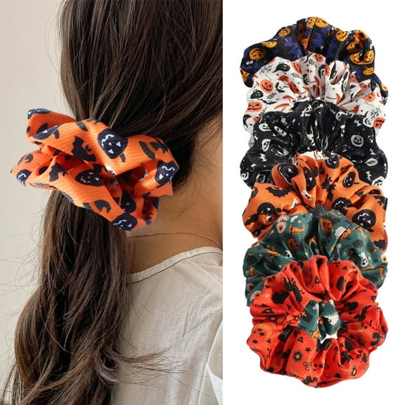 6pcs Halloween Scrunchies, Elastics Hair Bands, Colorful Spooky Pumpkin Hair Tie, Halloween Accessories for Women, Fall Girls Hair Accessories