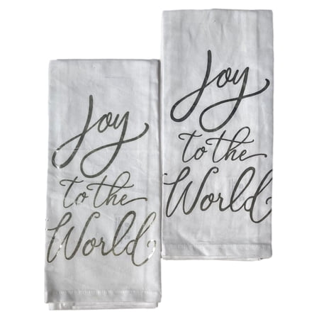 Silver & White Joy To The World Christmas Kitchen Towel Set 2 Cotton Dish Towels