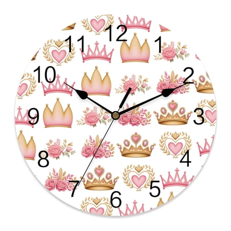 Wall Clock 12 Inch Pink Princess Crown Round Silent Decorative Wall Clocks Battery Operated for Living Room Bedroom Kitchen Classroom Decor, Roses Flowers Love White