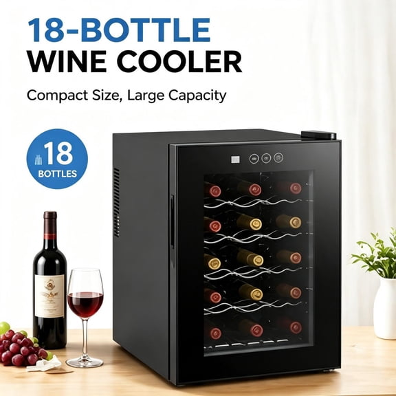 18-Bottle Countertop Wine Fridge, Freestanding Refrigerator with Double-Layer Tempered Glass UV Protection, 38dB Ultra Quiet Wine Cooler for Office Entertaining.