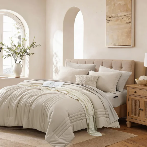 Catami 7-piece Bed in a Bag Comforter Set with Sheets,Beige,Queen