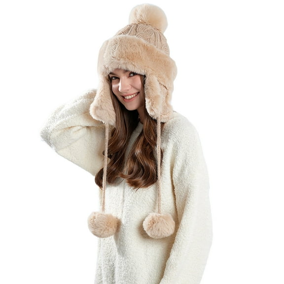 FAWUUDO Winter Beanie Hats for Women with Ear Flaps Faux Fur Crochet Skull Cap Warm Outdoor Ski Snow Hats Pompoms