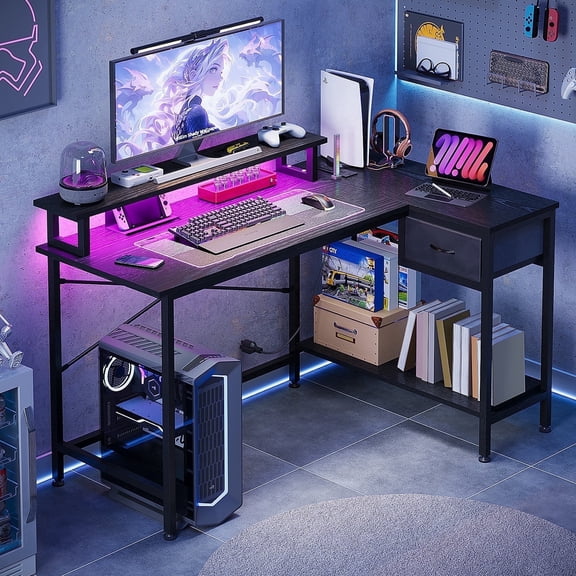 Fairy L Shaped Gaming Desk, 43in Computer Desk with Charging Port (Black)