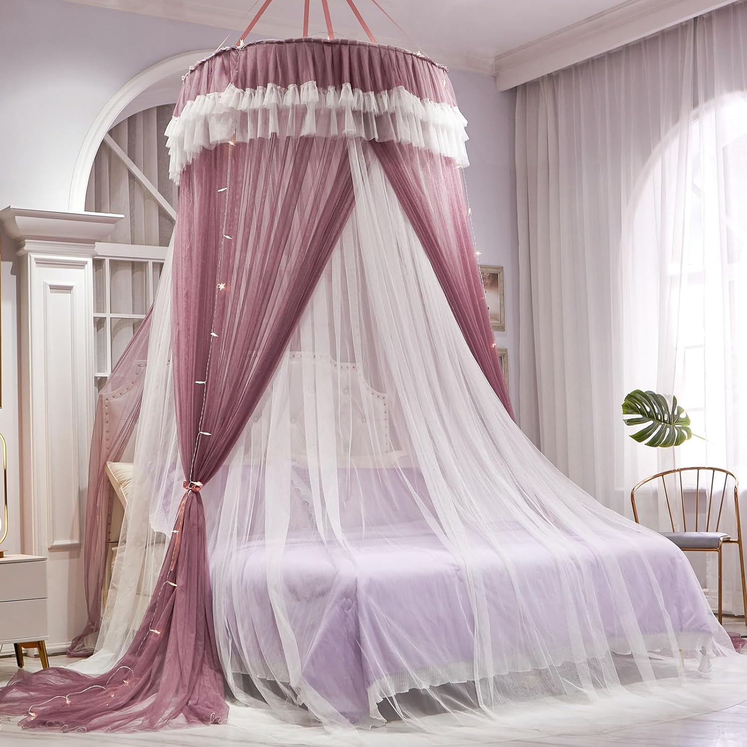 Girls and Adults Canopy Bed, Elegant Double-Layer Bed Curtain, Children's Dream Round Lace Mosquito Net, Princess Canopy Net - Fits Twin, Full, Queen, and King Beds (White/Blue)