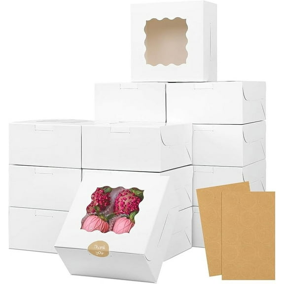 30pcs Bakery Boxes, 6x6x3 Inches Cookie Box with Window, White Treat Containers for Small Pie, Chocolate Covered Strawberries, Cupcake and Easter Pastry