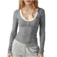 thumbnail image 2 of BiZtdJrK Women Workout Henley Shirts Lace Patchwork Button Crew Neck Long Sleeve Tee Tops Slim Fit Ribbed Knit Casual Tees Lightweight Yoga T Shirt Bronze S, 2 of 7