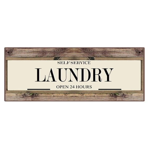 Long Laundry Room Mat with "SELF SERVICE LAUNDRY OPEN 24 HOURS" 16"x47", Non Slip Heavy Duty Rug, Plush Velvet Floor Mat for Utility Room, Machine Washable PVC Backing