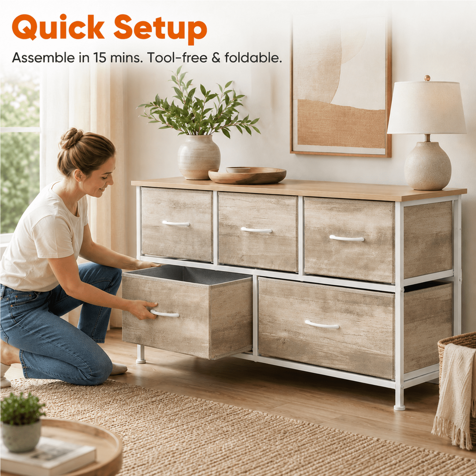 Alvantor Dresser for Bedroom with 4/5 Storage Drawers, Dressers Chest of Drawers Fabric Dresser with Sturdy Steel Frame, Wooden Top Cabinet Night Stand Dresser for Closet
