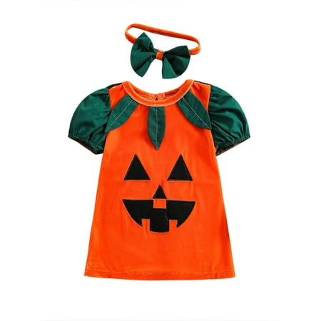 

Bagilaanoe Newborn Baby Girl Halloween Dress Pumpkin Print Short Sleeve Princess Dress + Headband 3M 6M 12M 18M Infant Casual Swing Dresses for Party