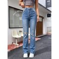 thumbnail image 5 of Women's High Waisted Straight Leg Jeans Distressed Blue Denim Cuffed Casual Pants, 5 of 7