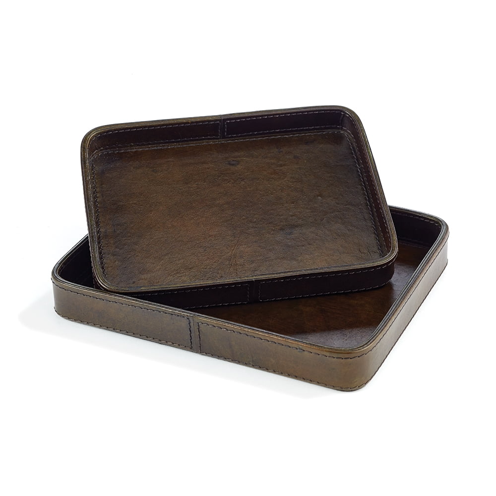 Set of 2 Elegant Leather Bound Brown Serving Trays 9.5