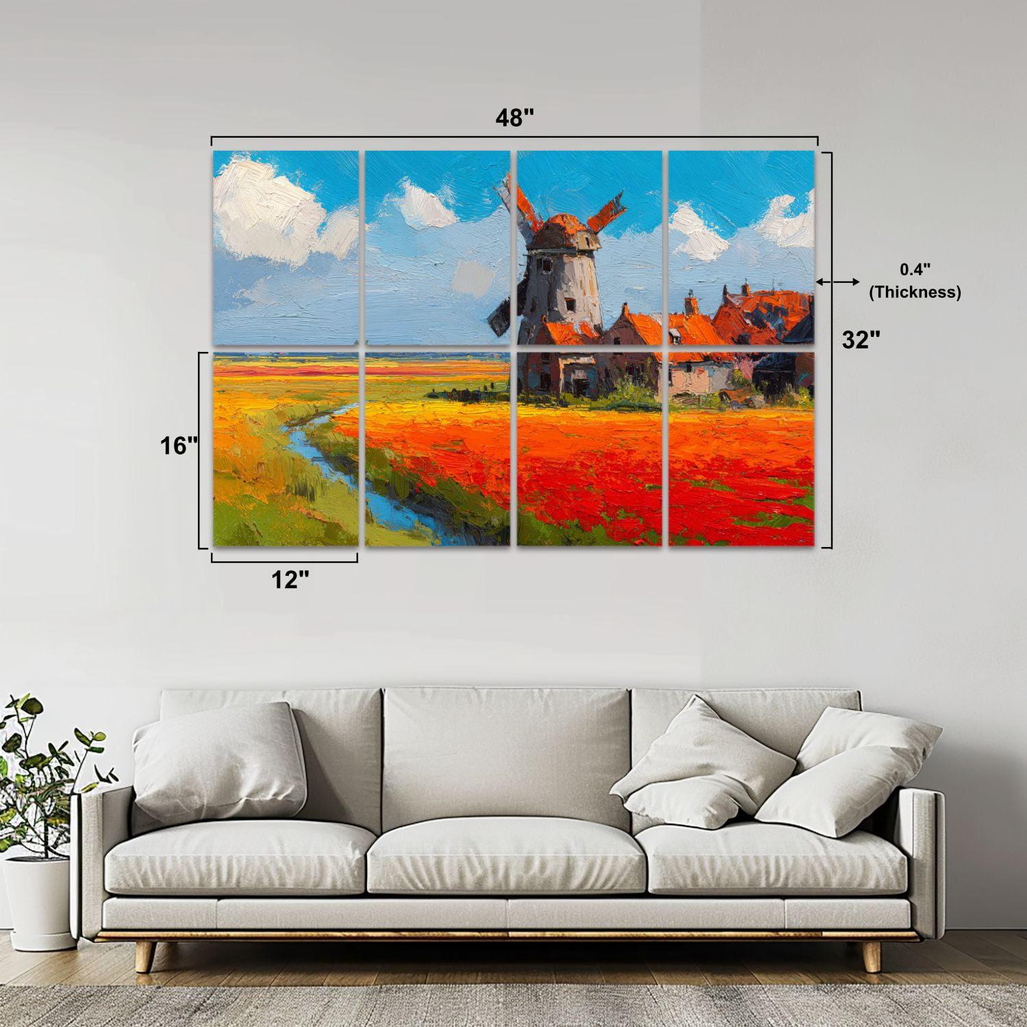 Windmill 8 Pack Art Acoustic Panels Sound Absorbing Dutch Countryside Oil Painting Tulip Fields Windmill Decorative Soundproof Wall Panels Self Adhesive for Nursery Game Room Bedroom 48"x32"
