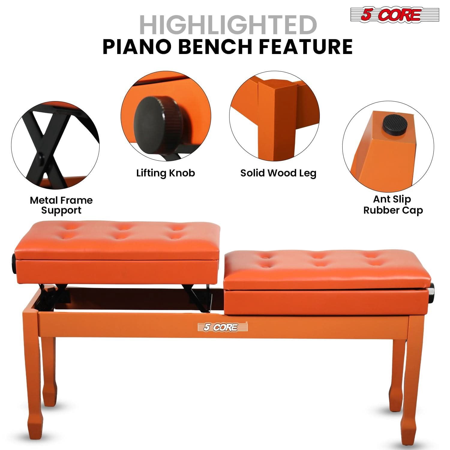 5 CORE Duet Piano Bench with Storage Thick Padded Cushion 3.5 Inch Adjustable Height Solid Wooden Double Keyboard Musician Seat with PU Leather Cushion Cherry Caramel Bro