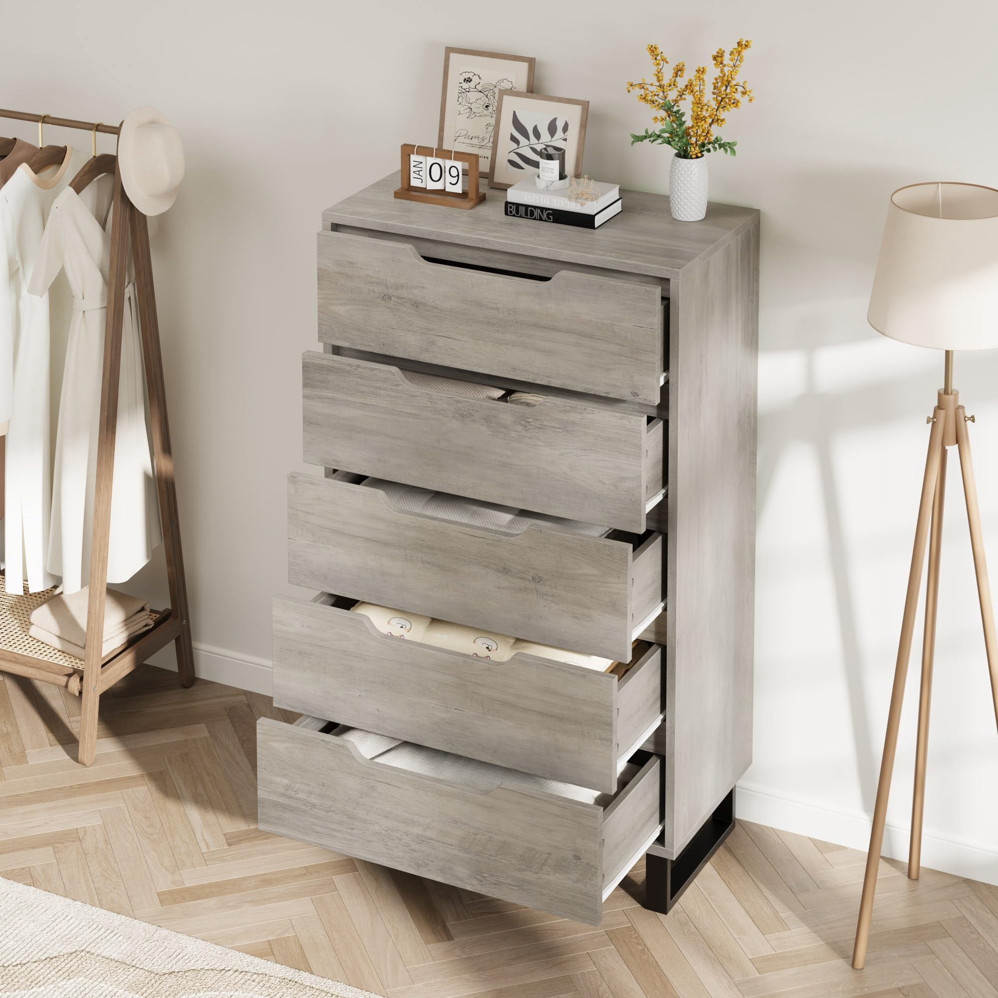 Kicctian 5-Drawer Dressers for Bedroom –Wooden Tall Dresser & Chest of Drawers Entryway Cabinet for Living Room,Gray