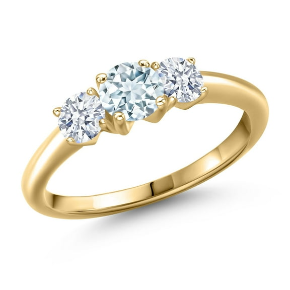Gem Stone King 10K Yellow Gold Sky Blue Aquamarine and White Zirconia Engagement Ring for Women | 1.00 Cttw | Round 5MM | Gemstone March Birthstone | Size 5