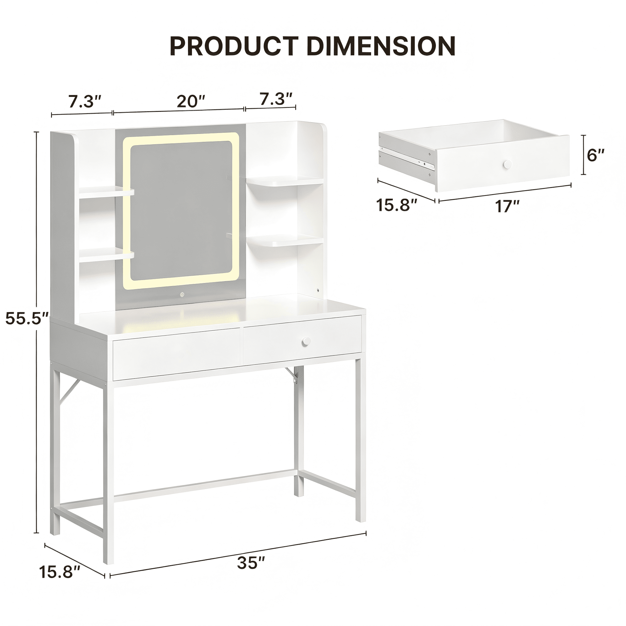 Vanity, White Lighted Vanity with Mirror, Makeup Vanity with Adjustable Lighting, 2 Storage Drawers, 6 Storage Shelves for Girls Perfect Gift